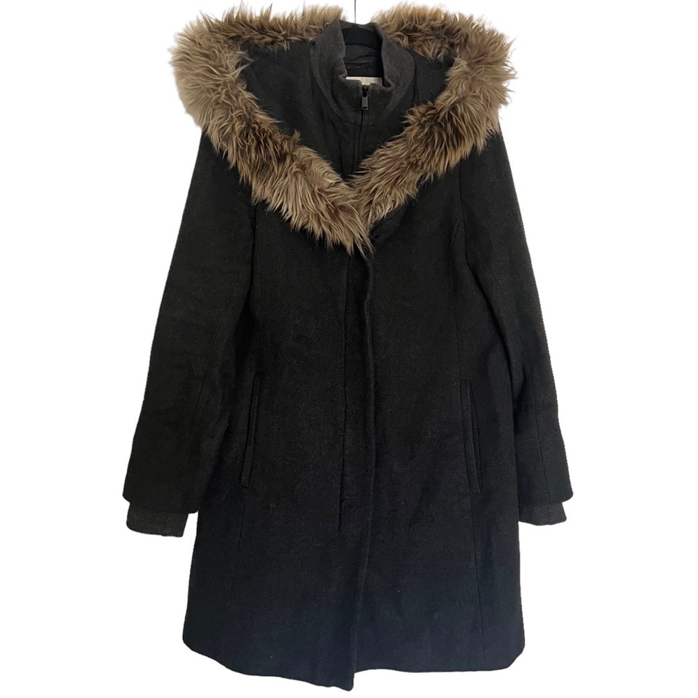 Babaton Gray Wool Blend Coat With Faux Fur Trim Hood Large